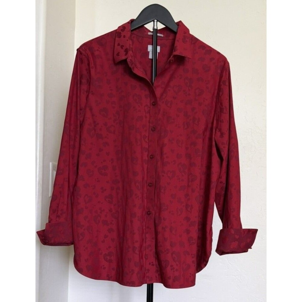 Chico's Women's No-Iron Stretch Button-Up Top, Size 16, Flip Cuff Leopard Heart